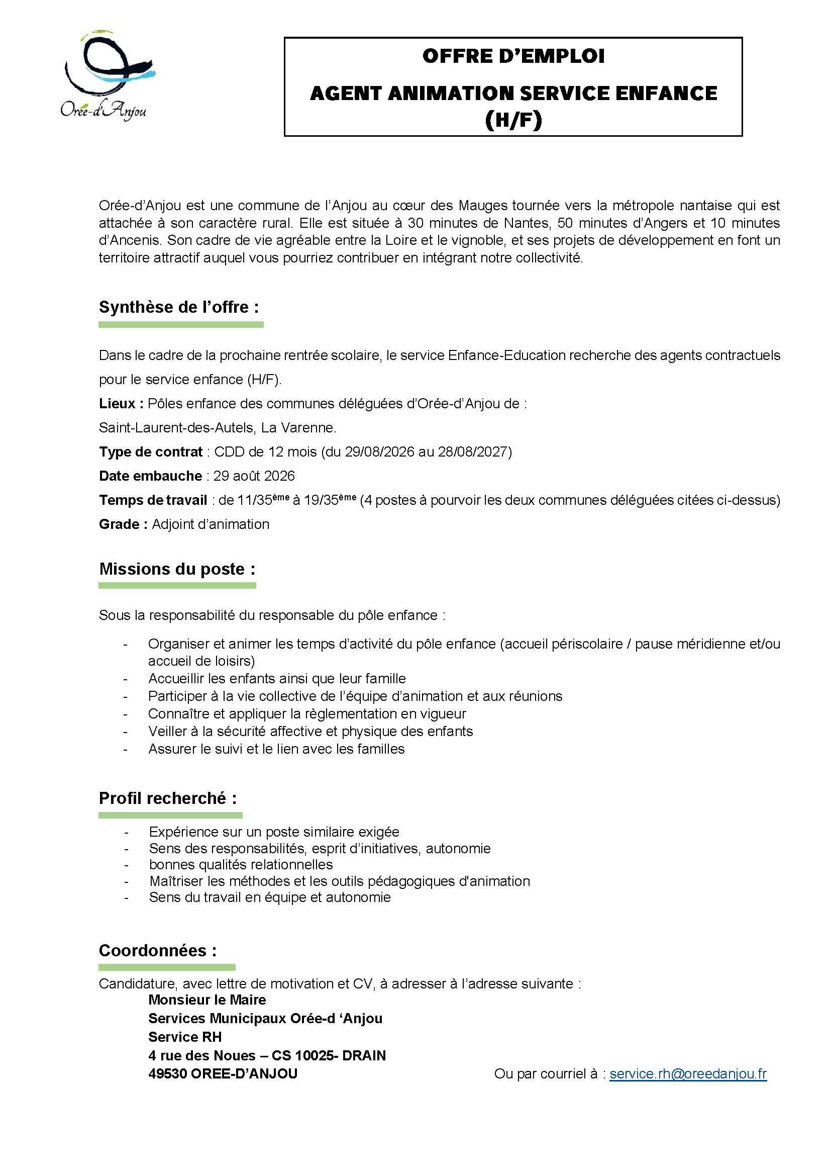 Rentrée - agent d'animation